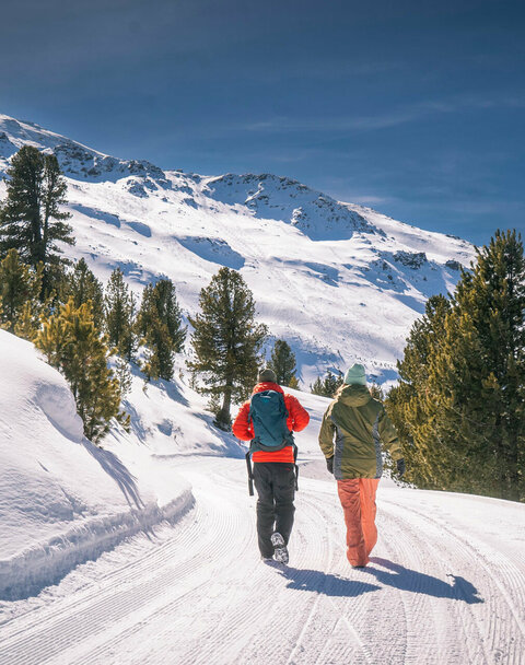 Winterwandern am Glungezer Pärchen beim Wandern im Schnee von hinten fotografiert
